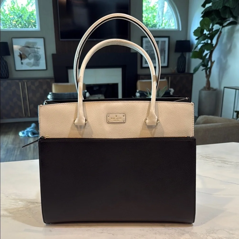 Kate Spade New York Black Cream Grove Street Maeve Large Structured Leather Tote